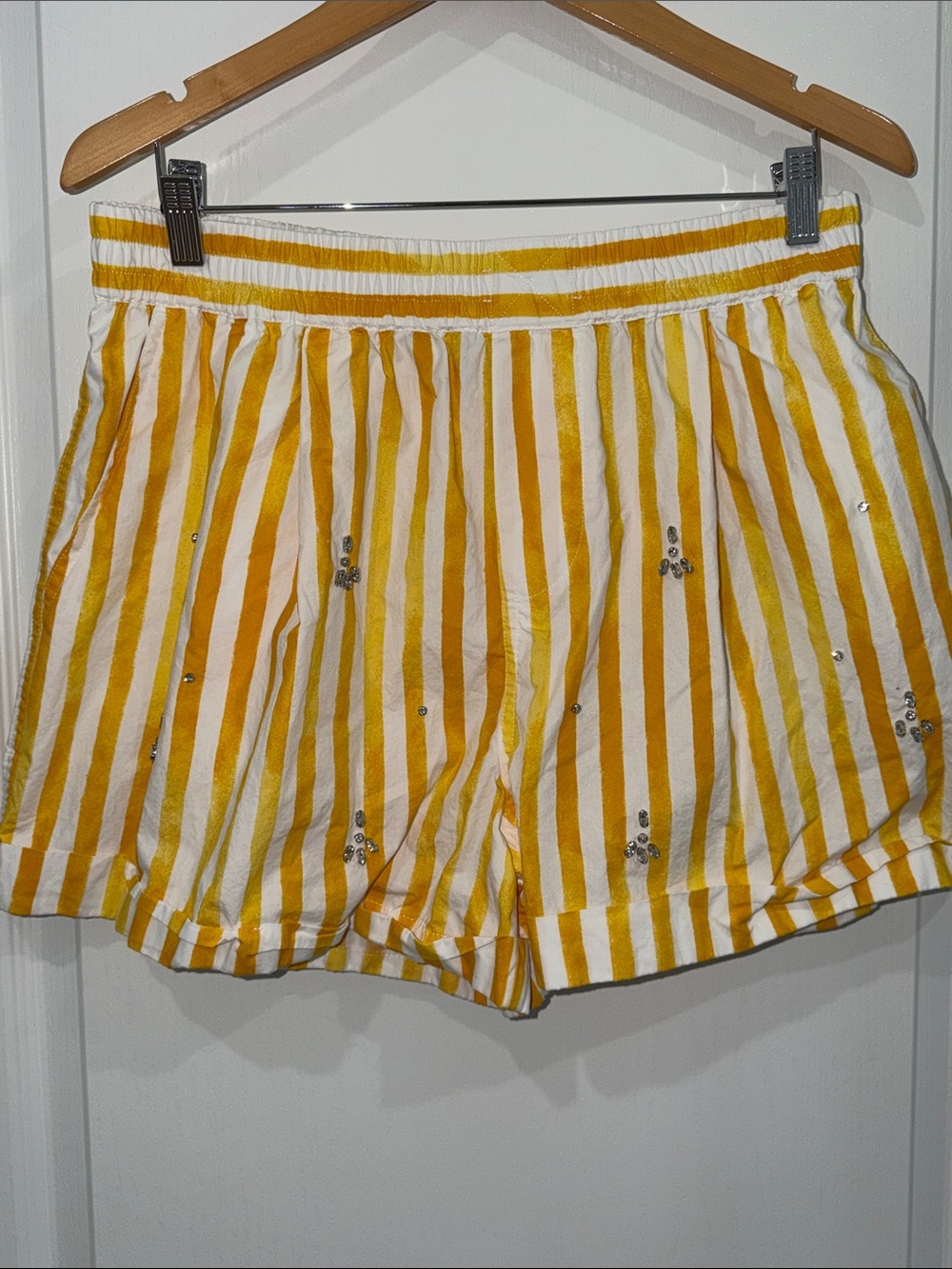Free Assembly Striped Yellow & White Summer Shorts with jewels size medium